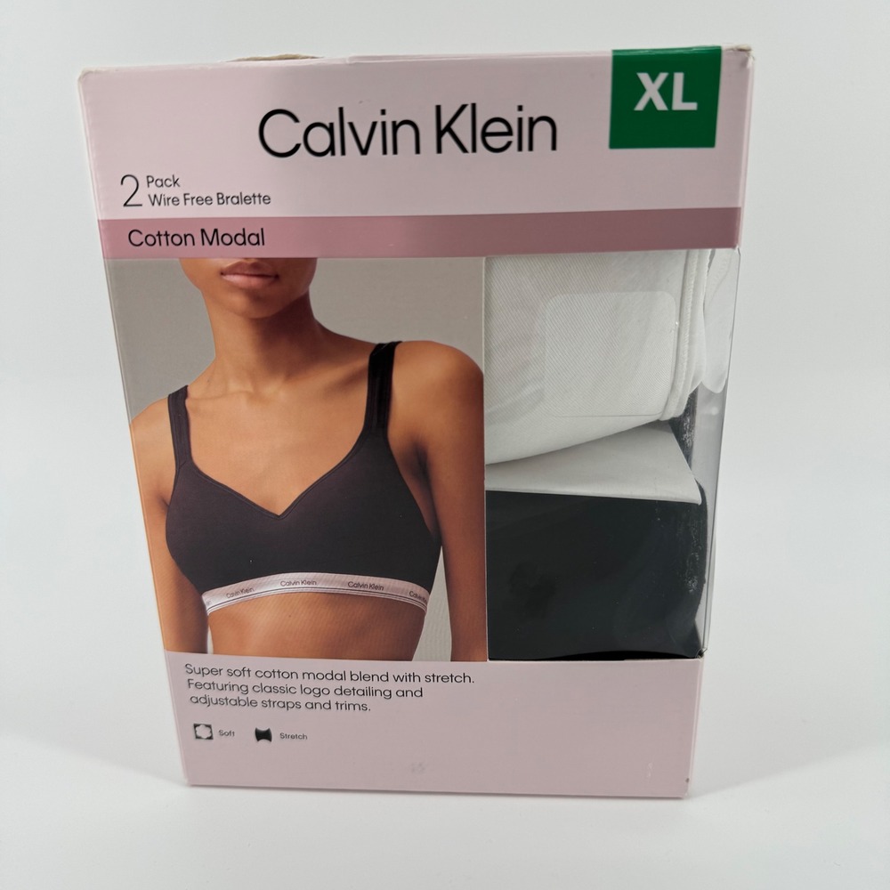 New Calvin Klein 2-Pack Wire Free Bralettes Sie XL Cotton Modal Black White - Picture 1 of 4